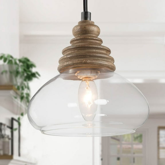 LNC Farmhosue Pendant Light with Pumpkin Glass Shade,Distressed Wood