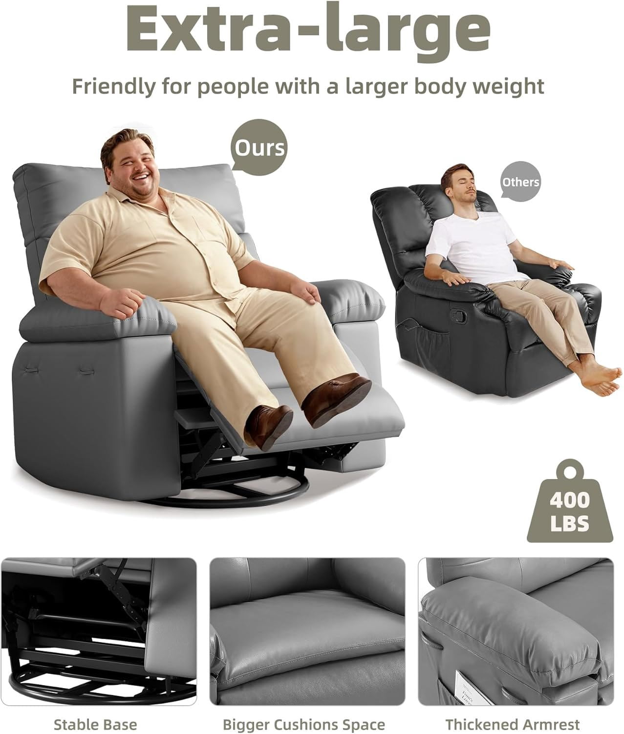 Oversized Wide Recliner Chair - Faux PU Leather Large Manual Recliner for Adults, Exceptional Comfort Lazy Chair with 1.5X Sponge Filling and Easy Recline Mechanism for Relaxation