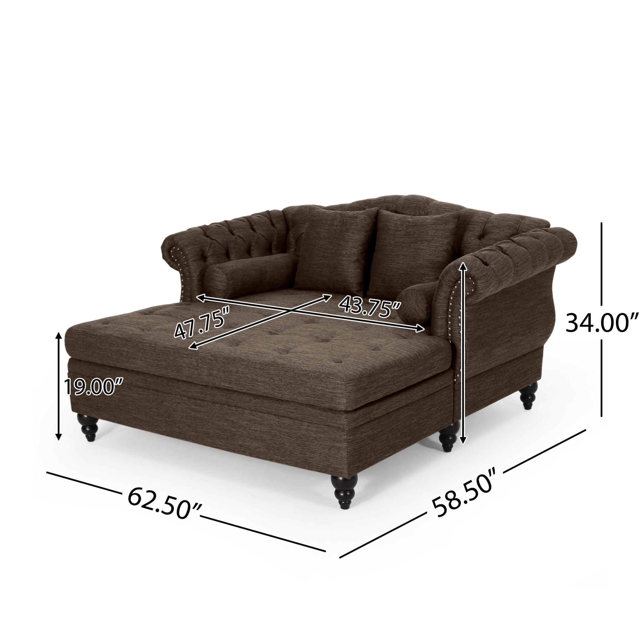 Christopher Knight Home 62.5" Large Loveseat Chaise Lounge, Sofa Bed Couch with Scroll Arms and Pillows, Brown