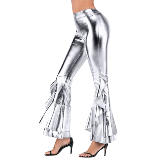 shqvo Womens Bell Bottom Metallic Pants Sparkly Sequins Pants Leather Shiny 122s Disco Flare Pants Rave Party Disco Dance Flare Club Wear Mardi Gras Outfit for Women