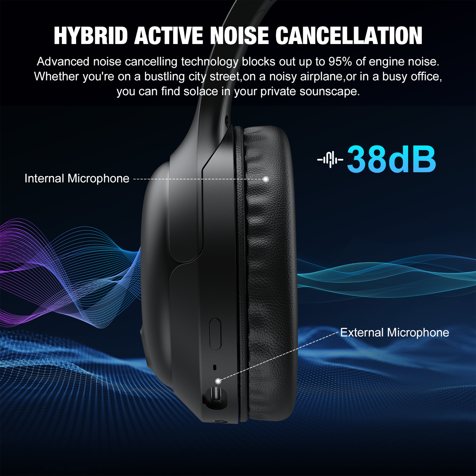 AUOSHI A18 Active Noise Cancelling Wireless Headphones, Black photo 3