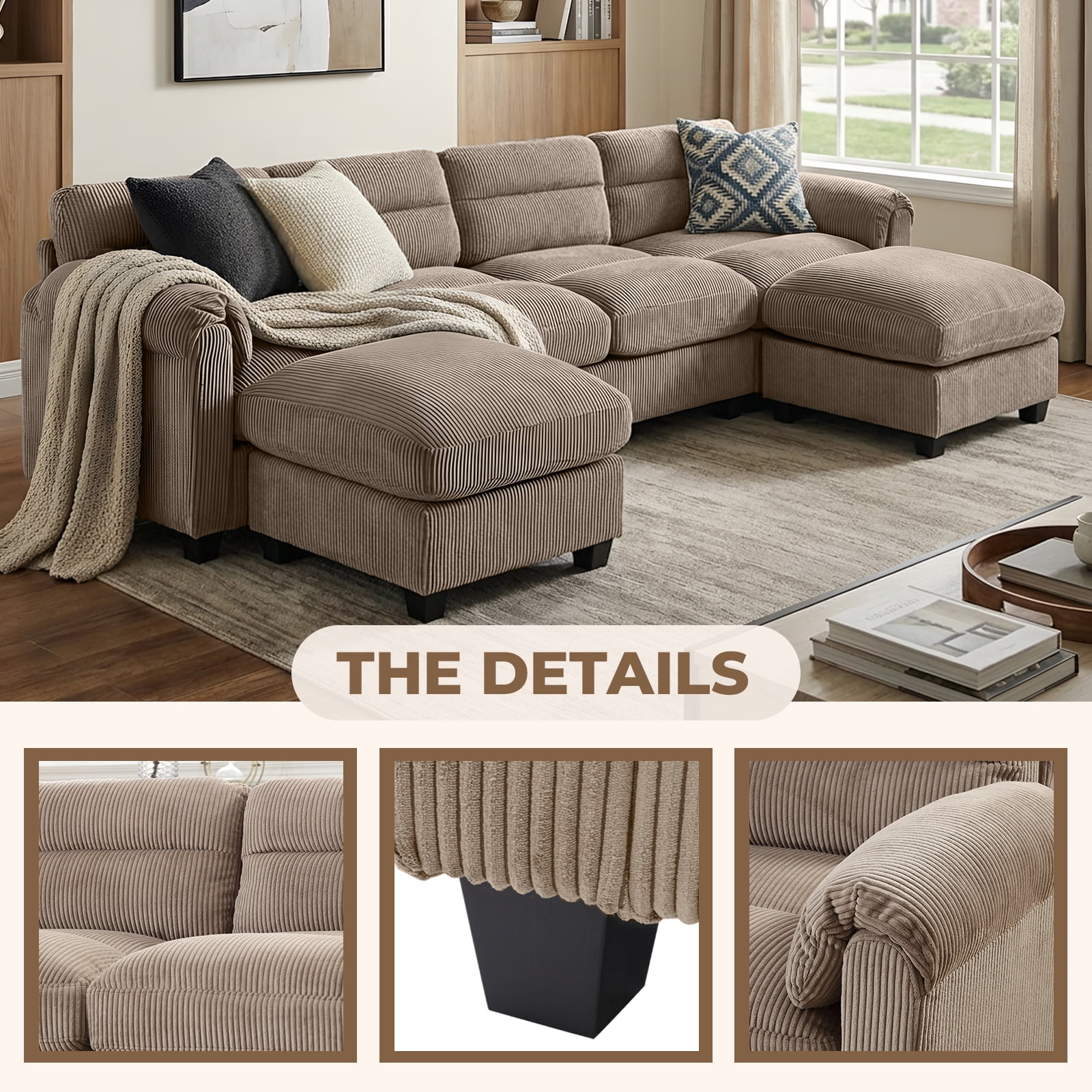 Bonzy Home Modular Sectional Sofa Couches for Living Room U-Shaped Sofa with Ottoman Brown