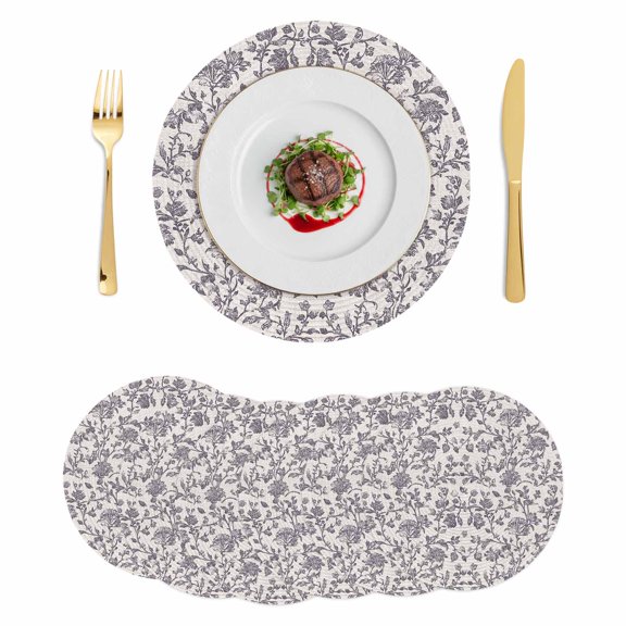 Spring Flowers Round 15 Inch Placemats Set of 6, Farmhouse Purple Pastoral Floral Leaf HeatResistant Non Slip Place Mats for Dining Table, Wipeable Braided Kitchen Table Mats for Housewarming