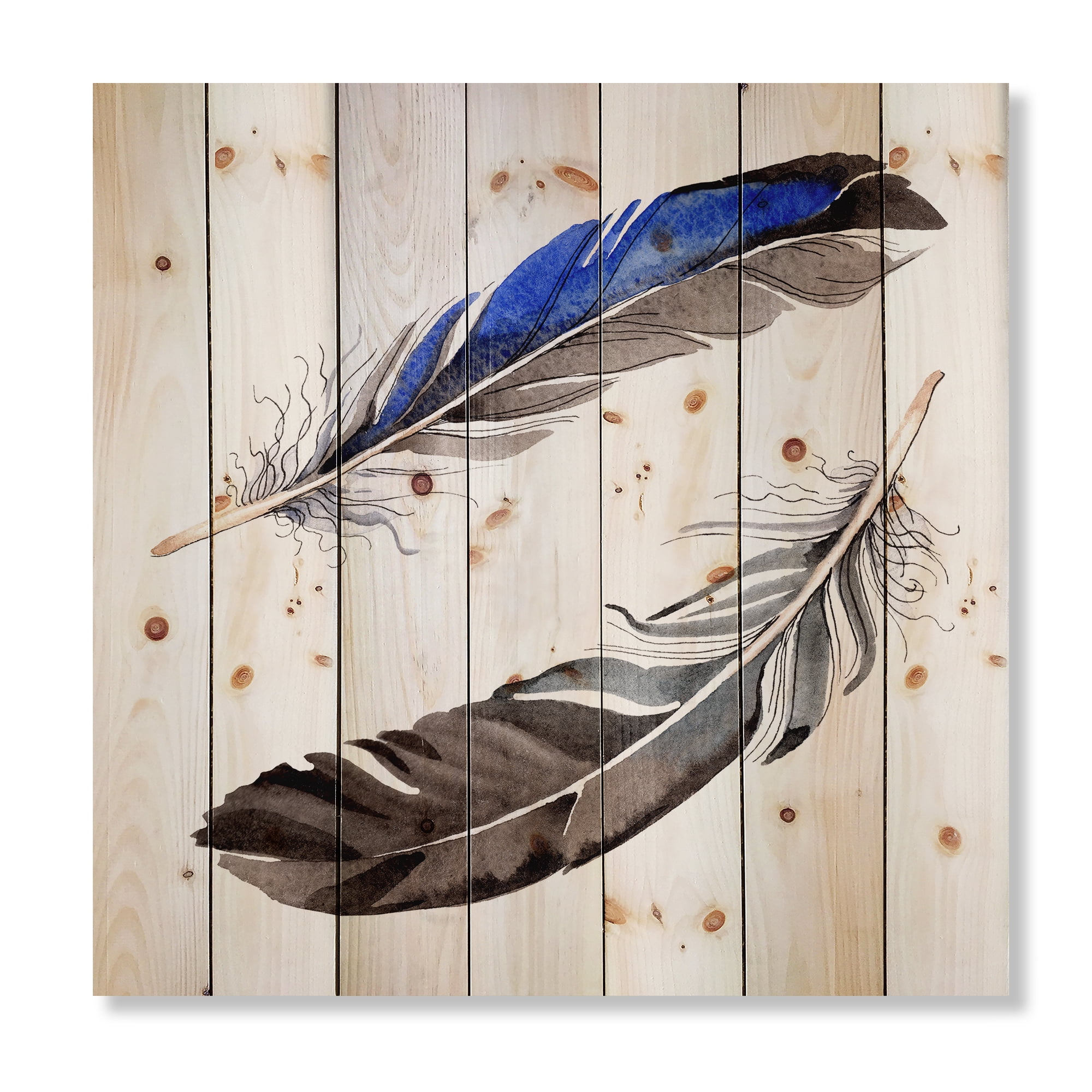 Designart 'Colourful Boho Art Feathers III' Bohemian & Eclectic Print on Natural Pine Wood
