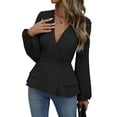 thumbnail image 2 of Women Dressy Long Sleeve Blouses,Wrap Peplum Work Shirts V Neck Business Tops Elegant Fall Outfits Black XL, 2 of 9