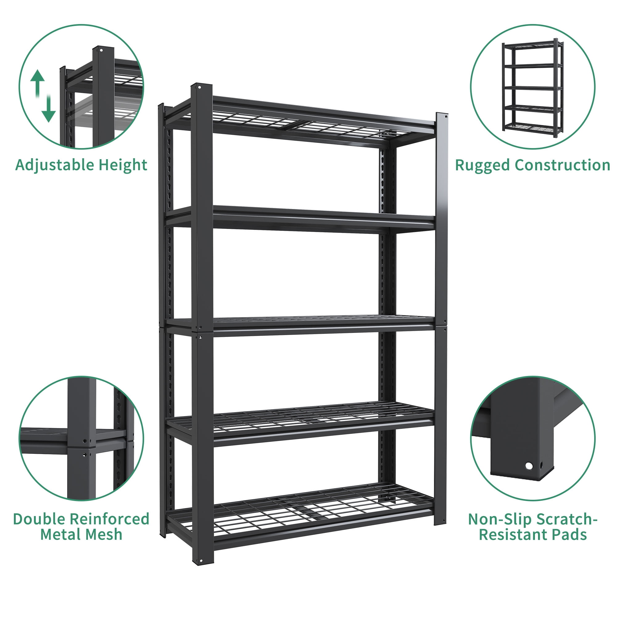 Alvantor 5-Tier Adjustable Metal Mesh Storage Rack 2000 Lbs Shelving Organizer for Pantry, Garage 35.5"W x 16"D x 72"H Black