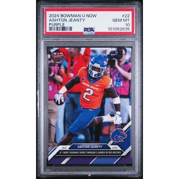 PSA 10 Ashton Jeanty 2024 Bowman University Now #22 Purple #8/25 Rookie Card Boise State Broncos