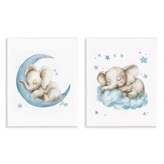 Stupell Industries Blue Sleepy Elephant Animals Painting Unframed Art Print Wall Art, 11 x 14, Set of 2