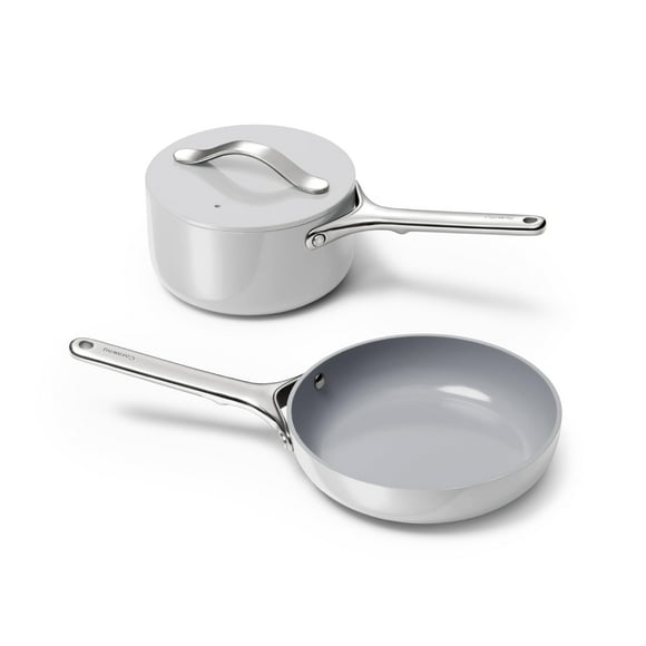 Juego de mini utensilios de cocina Caraway - Sartén de cerámica antiadherente (1.05 qt, 8") Cacerola para salsa (1.75 qt) y estante de almacenamiento - No tóxico, libre de PTFE y PFOA - Apto para horn