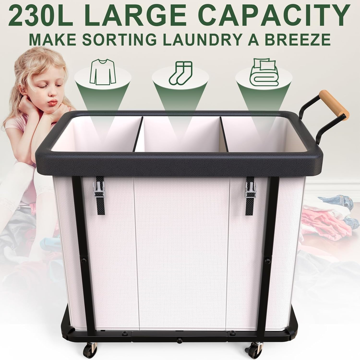 190L (50 Gal) Extra Large Fashion Laundry Hamper 2 Section with Lid, Rolling Laundry Basket Hamper with Handle, Laundry Organizer Storage Cart with Sturdy Metal Frame for Laundry Room, Hotel,White