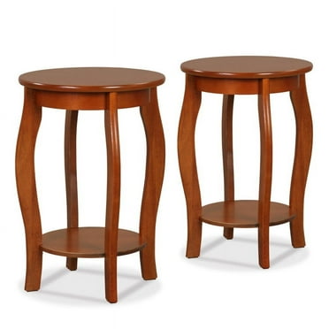 Resenkos Set of 2 15 Inch 2-Tier Round End Table with Storage Shelf-Walnut, Nightstand Small Side Table, End Table for Bedroom Living Room