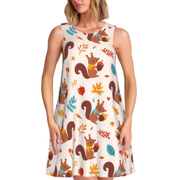 Balery Forest Squirrel Nuts Vestidos de verano para mujer con estampado: vestido holgado sin mangas, vestido playero informal y cómodo para días calurosos.
