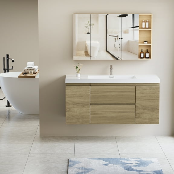48" Floating Wall Mounted Bathroom Vanity Cabinet with Ceramic Sink and Drawers, One-Piece Sink Basin, Natural Oka