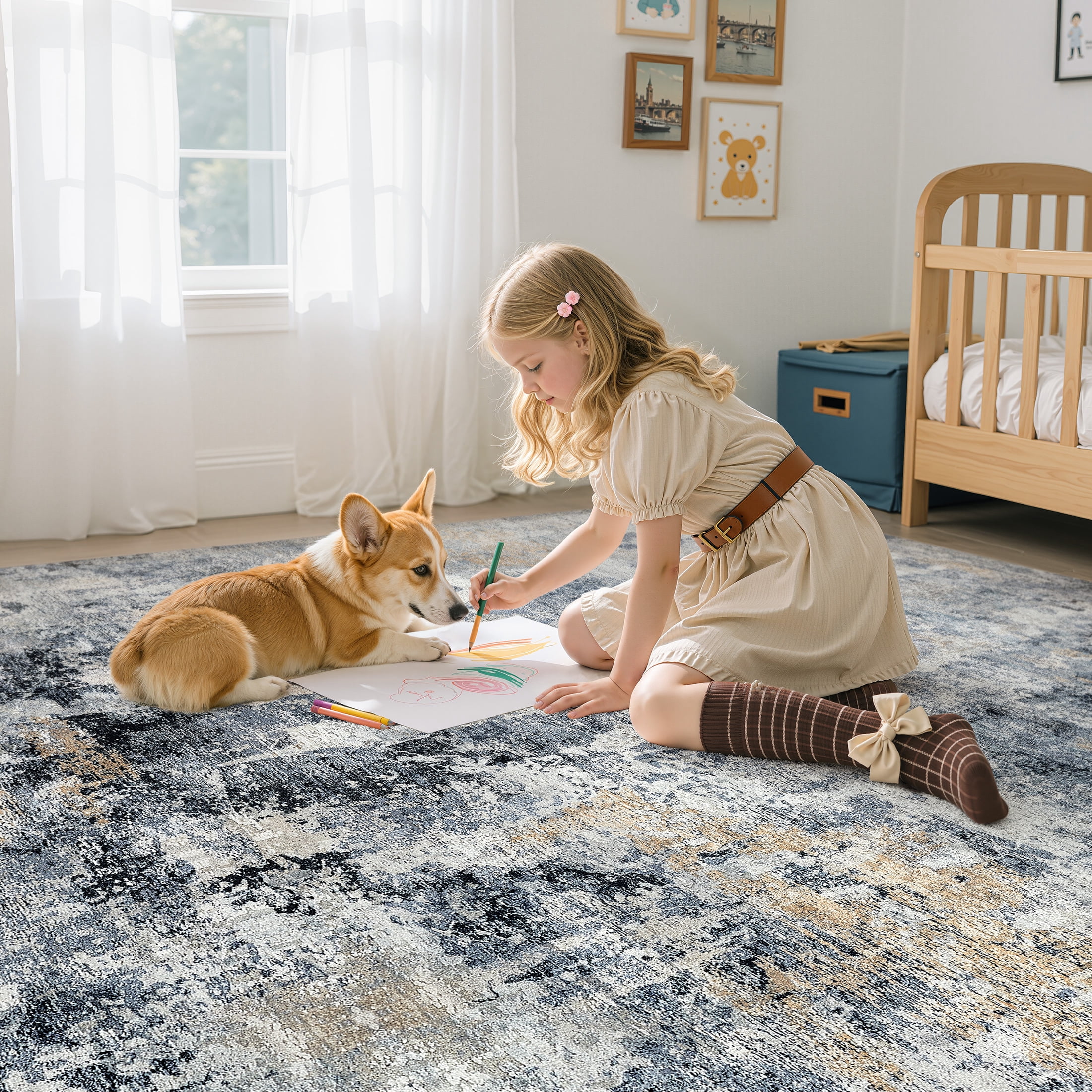 UERMEI 5x7 Washable Area Rugs for Living Room, Modern Abstract Printed Rug, Vacuum-Friendly, Non Slip Indoor Rug for Bedroom Dining Room Home Decor Carpet, Dark blue