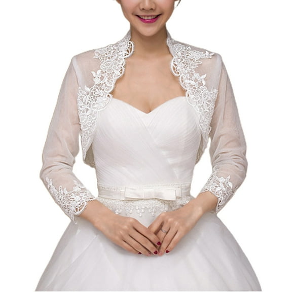 Sardfxul Women 3/4 Sleeves Wedding Jacket Cape Embroidery Floral Lace Trim Patchwork Wrap Shrug Bolero Evening Party Bridal Capelet Cropped Cardigan