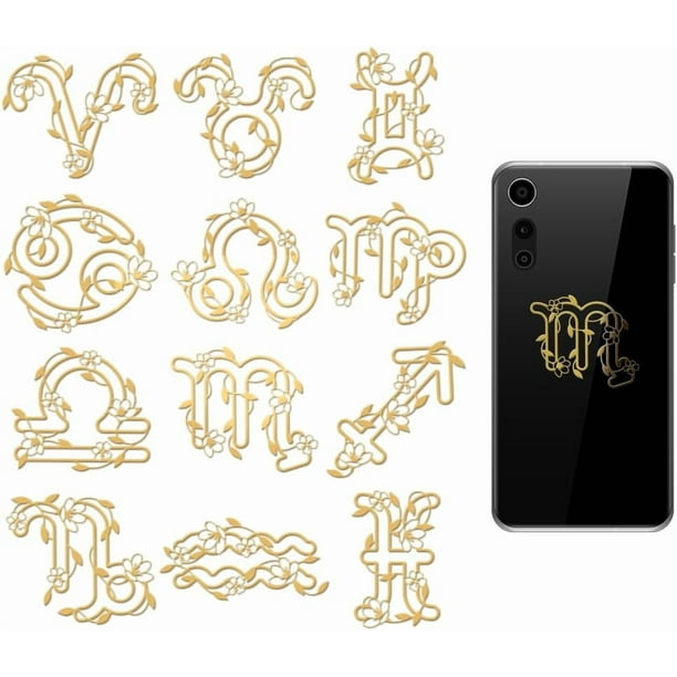 12 pegatinas metálicas doradas de 1,6 x 1,6 pulgadas, 12 constelaciones, autoadhesivas, decorativas, con imágenes, de metal, epoxi.