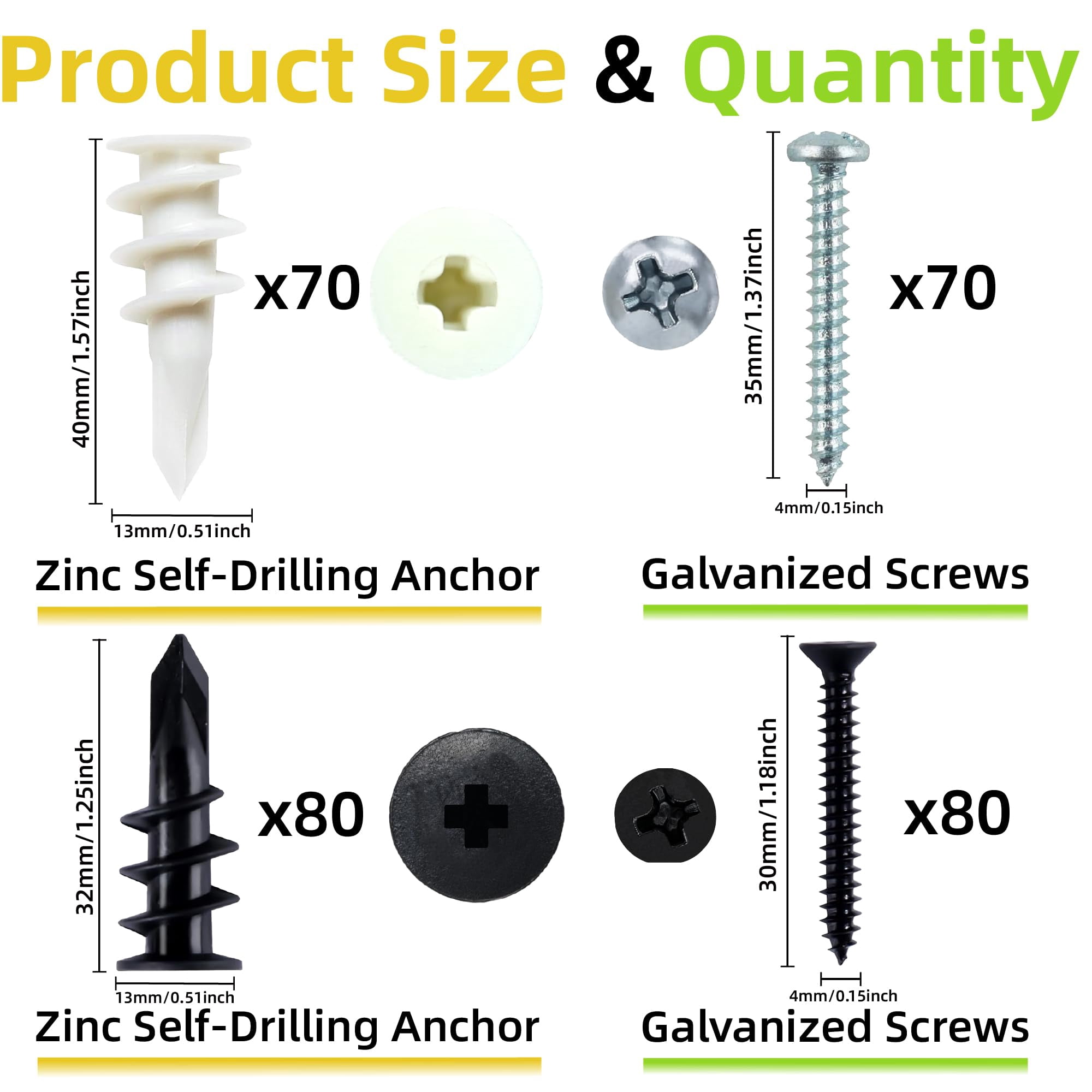 300PCS Self Drilling Drywall Anchors, Nylon Plastic Wall Anchors and Screws for Drywall, No Pre Drill Required for Picture Frames Wall Decor Art, Sheetrock Hangers- 75 Lbs,Black and White