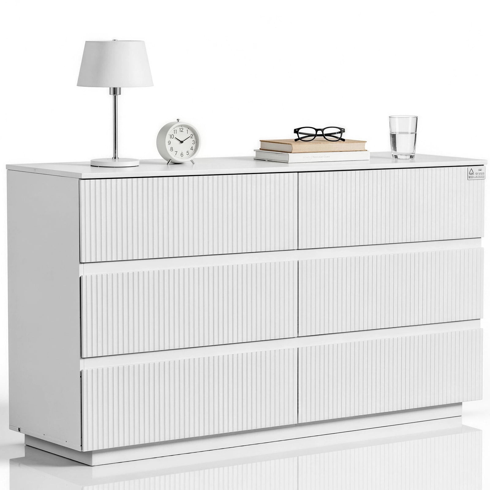 Handleless 6-Drawer Cabinet with Grille Finish P2 Particleboard + MDF & Melamine Veneer + Vacuum-Formed Storage Cabinet 55.12*15.75*27.95in White