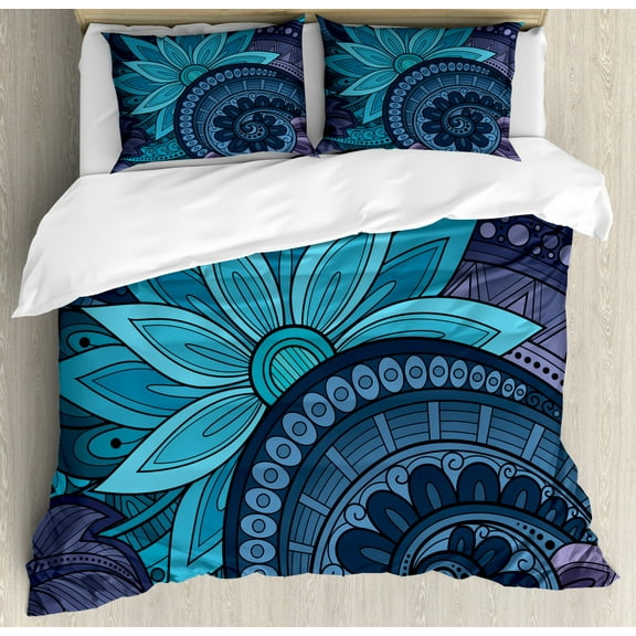 Vintage Tribal Duvet Cover Set Queen Size, Continuous Flowers Doodle Blue Toned Composition Blossoming Nature, Decorative 3 Piece Bedding Set with 2 Pillow Shams, Sky Blue and Violet, by Ambesonne