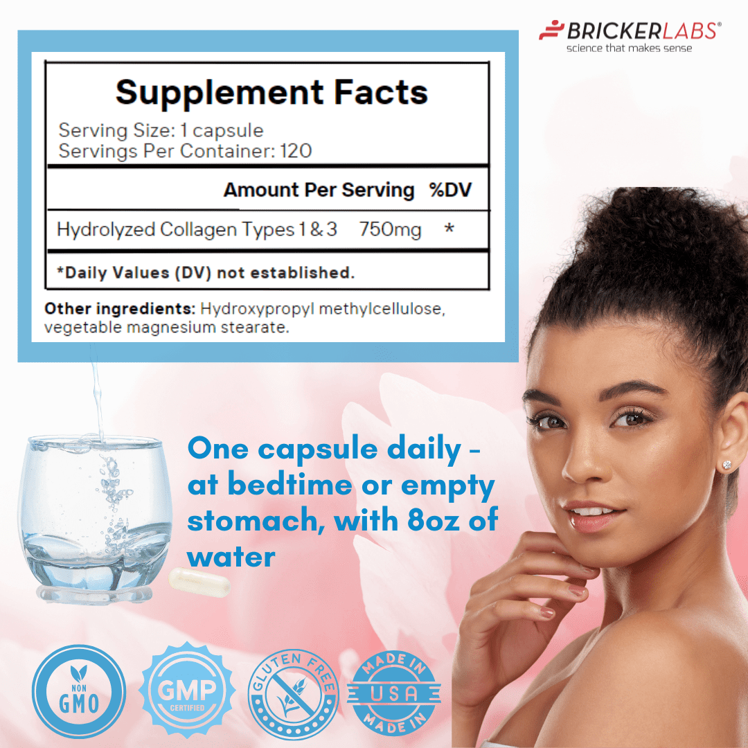 Bricker Labs Collagen for Men & Women - Type I, III Hydrolized Collagen Supplement 750mg, 1 Collagen Capsule Daily - 120 Servings