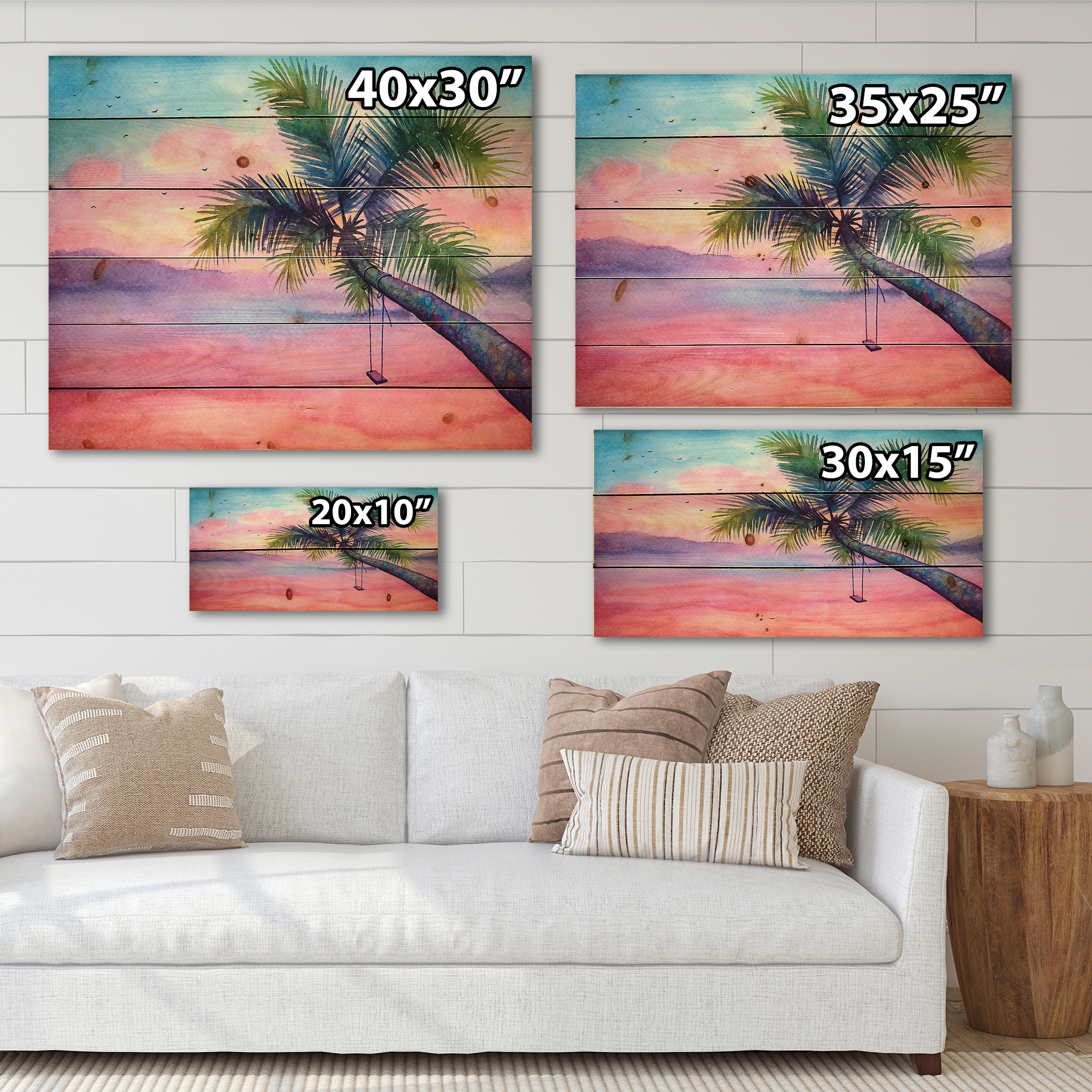 Designart 'Vivid Sunset Landscape With Swing and Palm' Nautical & Coastal Print on Natural Pine Wood