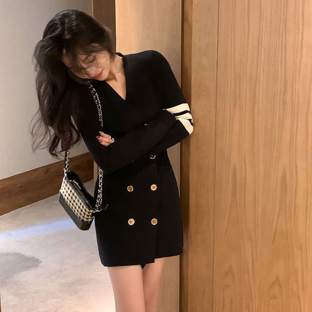 Vestidos de ganchillo para mujer, minivestido de punto extremo para mujer, con botones, cuello en V corto, ropa negra, trajes sensuales sexys de línea A, novedad en Kpop