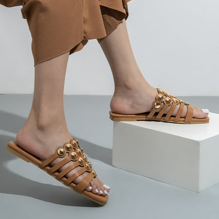 

Aayomet Women s Heeled Sandals Fashion Flat Solid Color Casual Hollow Out Slippers Outdoor Elegant Square Head Sandals Light Brown 9