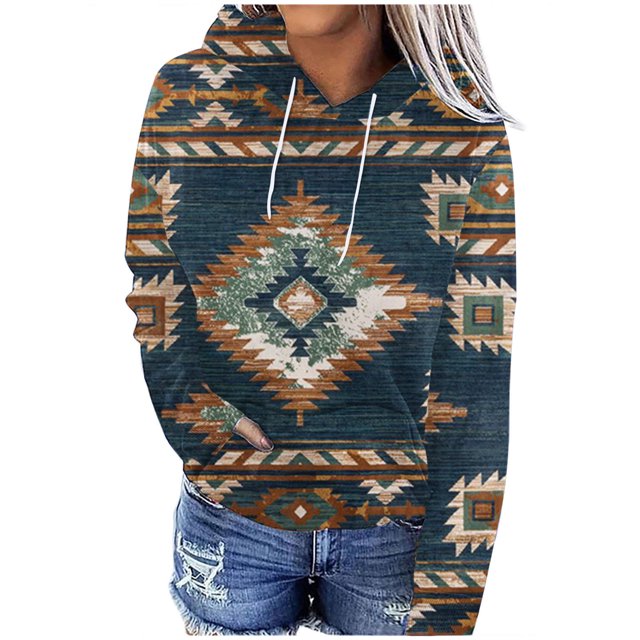 ICHUANYI Clearance Women's Top Casual Printed Ethnic Style Wide Long Sleeved Hooded Sweater(Dark Blue, XL) ICHUANYI WER2023081514452