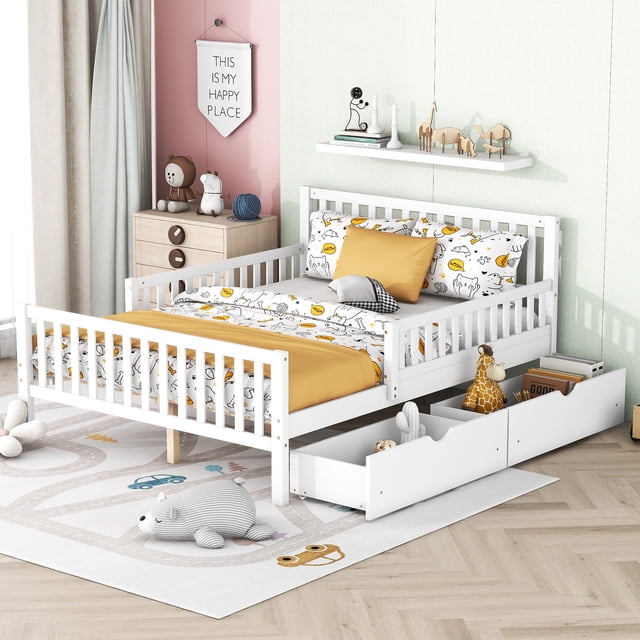 Lit Plateforme Grand Format en Bois Blanc avec Garde-Corps et Tiroirs de Rangement