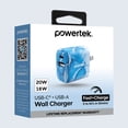 thumbnail image 2 of Powertek Marble Dual Port Wall Charger, Blue, 20W USB-C PD + 18W USB-A, Fast Charging, Charge Two Devices, 2 of 5