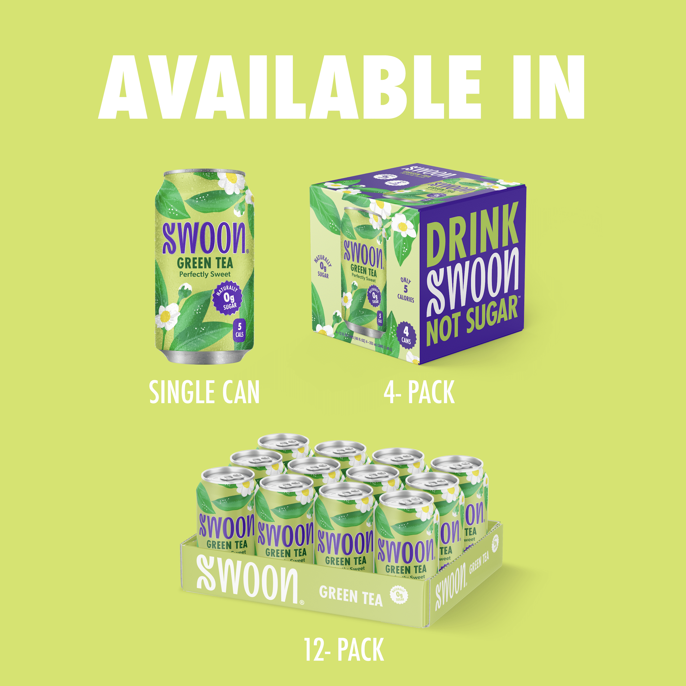 (12 pack) Swoon Zero Sugar Perfectly Sweet Green Tea, 5 Calories, Sugar Free, 12 fl oz Can