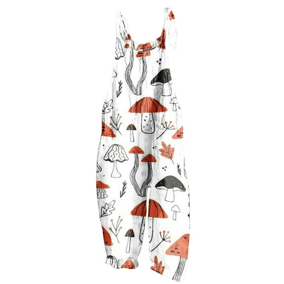 QATAINLAV Jumpsuits for Women Cute Cartoon Mushroom Printed Overalls Casual Spaghetti Strap Wide Leg Rompers 2024 Summer Loose Linen Pants Jumpsuit, White, XL