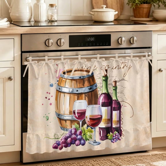 Oven Skirt Curtain, Vintage Watercolor Wine Oven Curtain for Kitchen Decor, Farmhouse Cask Grapes Country Tie Top Kitchen Curtains for Ovens Door Stove Dishwasher Cabinet Windows, 27" x 20"