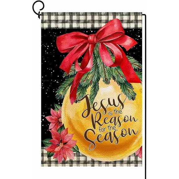 Christmas Garden Flag Burlap Double Sided, Christmas Jesus is the Reason for the Season Nativity Jingling Bell Red Flag Winter Holiday Xmas Yard Outdoor Decoration 12.5x18 Inch