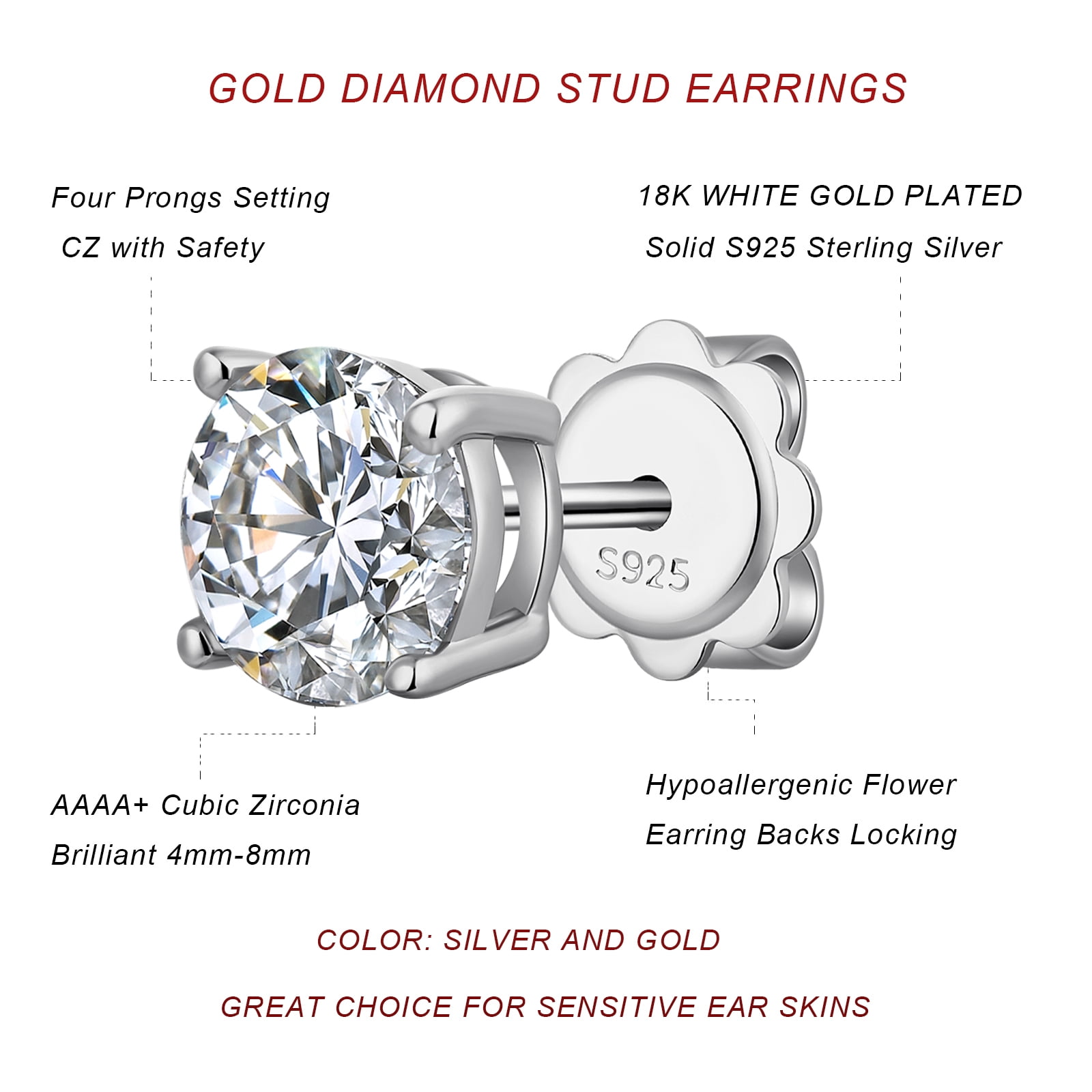 Jiamiaoi 18k White Gold Plated 925 Sterling Silver Sparkly Cubic Zirconia Stud Earrings Sets 4mm-8mm Circle Diamond Earrings Gold Square Stud Earrings Hypoallergenic