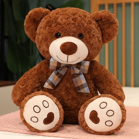 Classic White Teddy Bear Plush Toy Soft Stuffed Animal with Plaid Bow Tie & Paw Prints Cute Gift for Kids/Adults