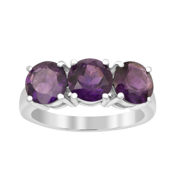 7mm Round Shape Amethyst Gemstone 925 Sterling Silver Three Stone Women Promise Ring