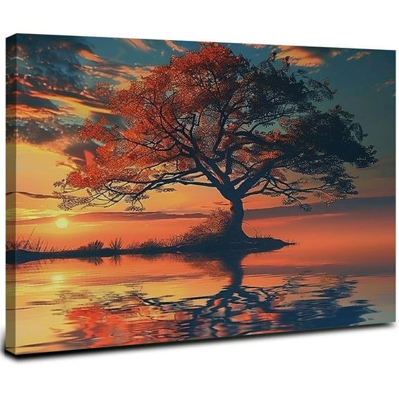 JRXY Tree of Life Wall Art Red Tree Sunset Wall Decor Pictures Nature Ocean Lake Canvas Print Painting Artwork Home Decorations for Bedroom Bathroom Living Room  20x16inch