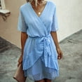 thumbnail image 4 of Fridja Lady V-neck Solid Color Chiffon Elastic Waist Ruffled Short-Sleeved Dress, 4 of 8