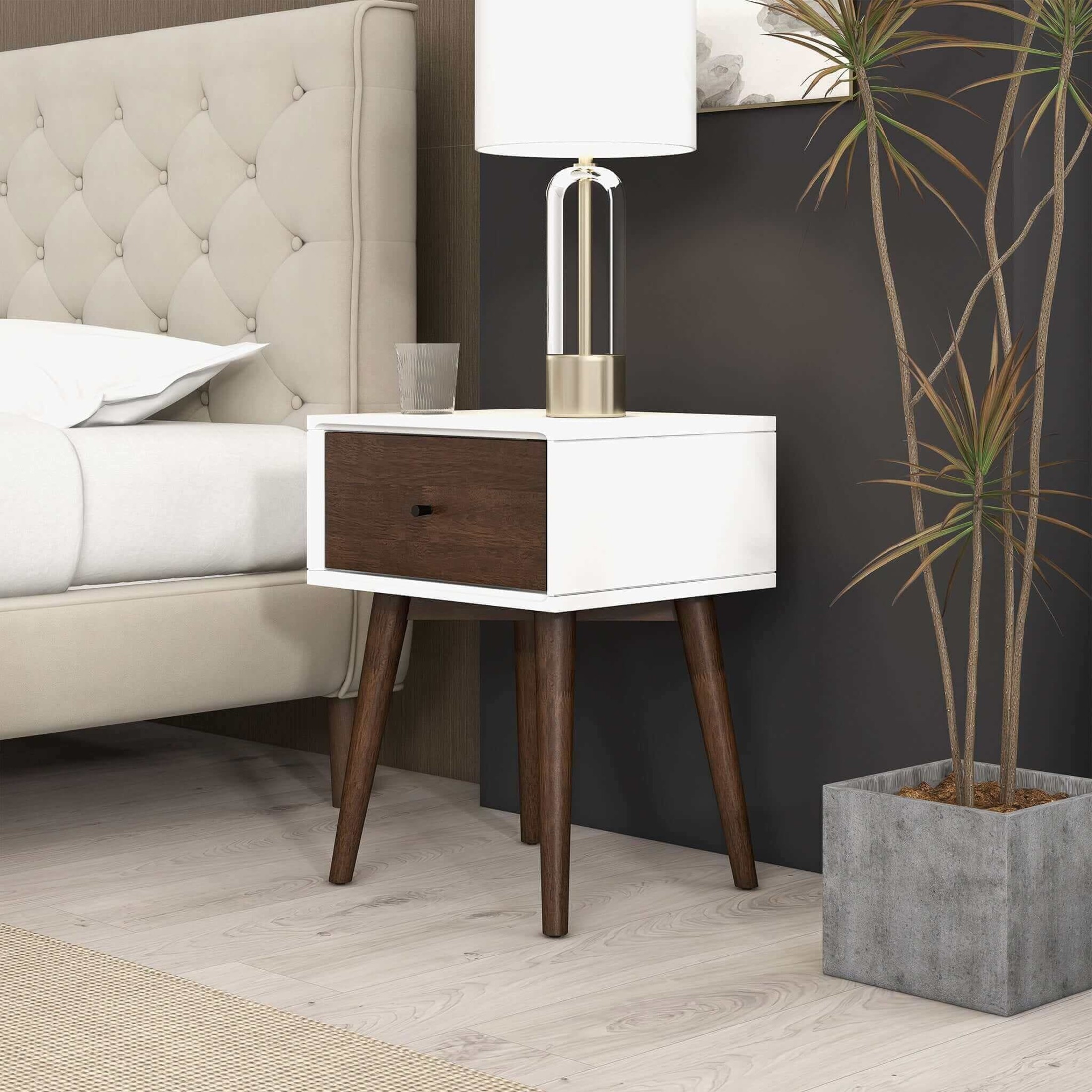 Noble House Avery Mid-Century Modern Nightstand, Solid Walnut Wood Compact Storage Table, Dark Brown and White