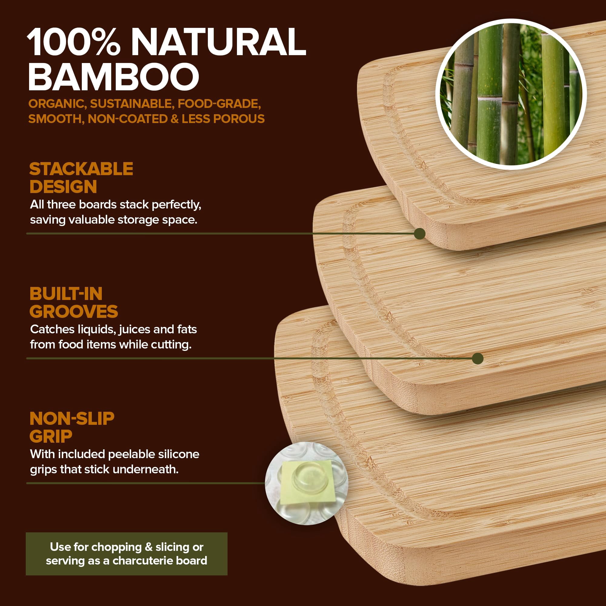 Wood Cutting Boards for Kitchen Counter – Organic Bamboo Cutting Board Set with Stick-On Grips (3 Pack), Thick Non-Slip Wooden Chopping Boards for Meat, Cheese, Produce & Serving