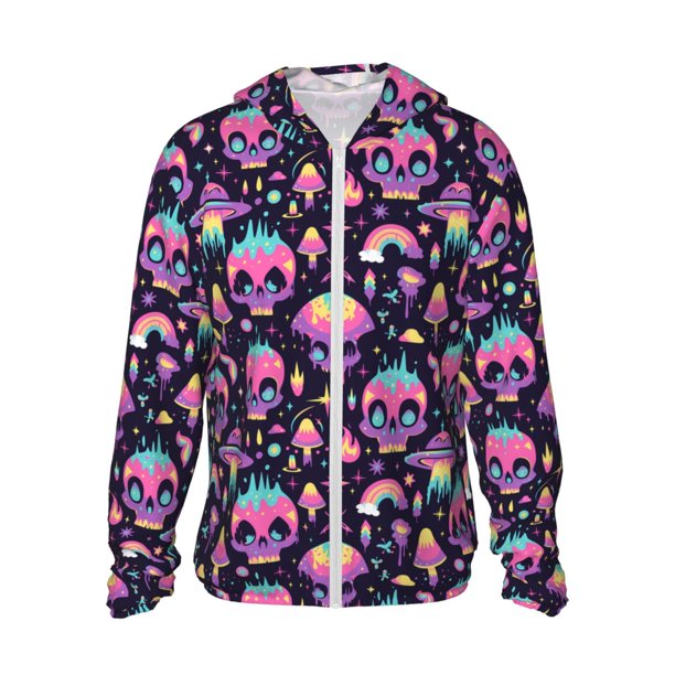 Fotbe cartoon Skull rainbow space Chaqueta con Protección Solar UPF 50+ para Hombre y Mujer, Camisa con Capucha y Bolsillos-XX-Large