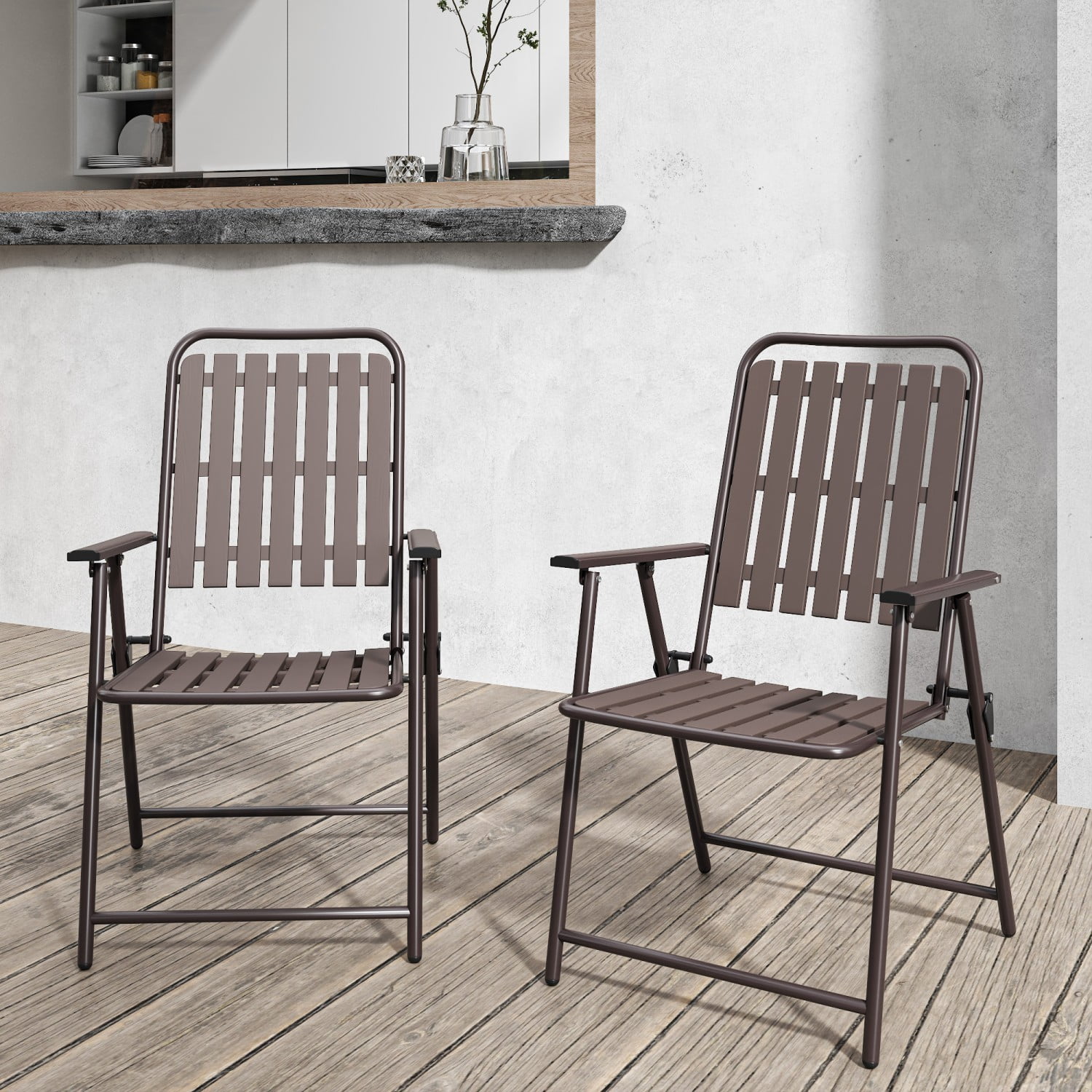 3-Piece Patio Furniture Set, 2 Folding Chairs & Tempered Glass Side Table, 350 lb Outdoor Chairs, Weather-Resistant Balcony Set, Antique brown
