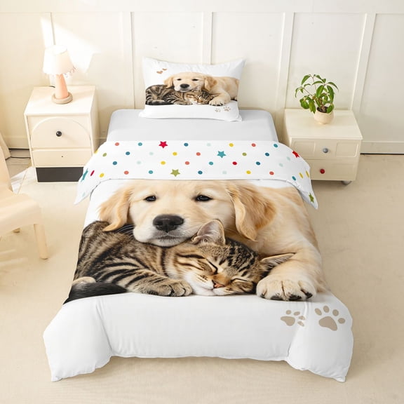 Homewish Kawaii Dog Cat Twin Duvet Cover,Pet Love Theme Twin Bedding,White,Polkadot Reversible,2-Piece,1 Duvet Cover and 1 Pillowcase