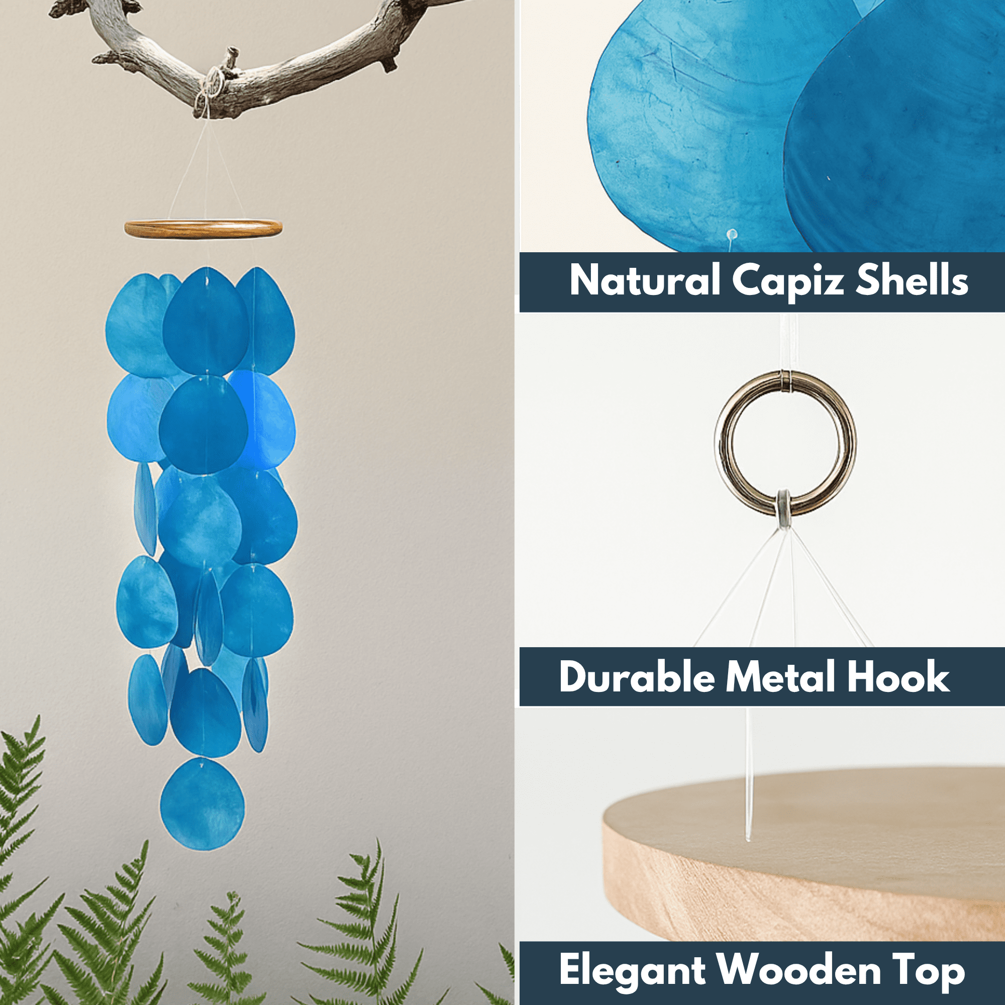 Solange & Frances Blue Capiz Shell Wind Chimes, 26" Hanging Teakwood Decor