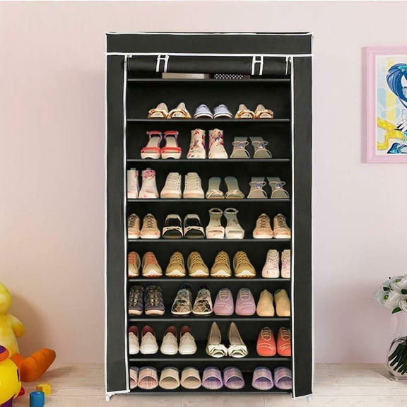 10 Tier 9 Lattices Shoe Shelf,Shoe Rack with Covers,Shoe Rack Organizer for Sneakers,High Heels,Boots and Storage Box,Hold 27-35 Pairs of Shoes