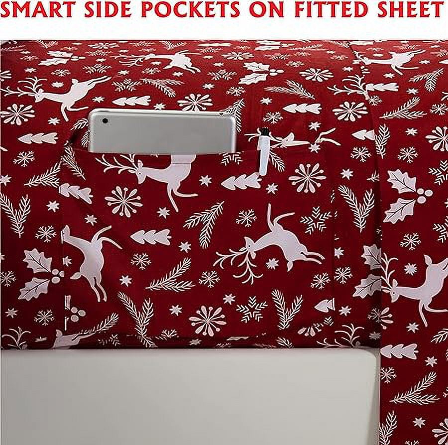 Elegant Comfort Soft 6-Piece Bed Sheets Set High Quality Microfiber, Wrinkle & Fade Resistant, Holiday Pattern, Cal King,Burgundy Reindeer