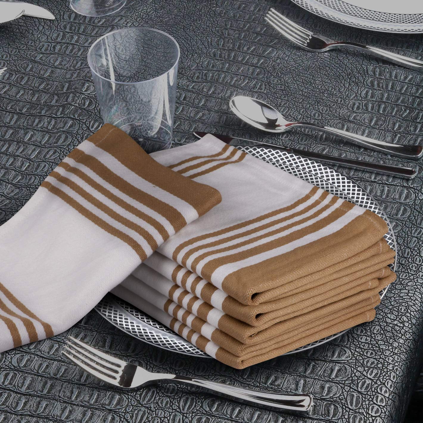 Urban Villa Kitchen Towels 100% Cotton Pack of 6, Highly Absorbent Quick Drying Super Soft Premium Dish Towels for Kitchen with Hanging Loop Hand & Tea Towels - 20x30 Inch, (Taupe & White, Striped)