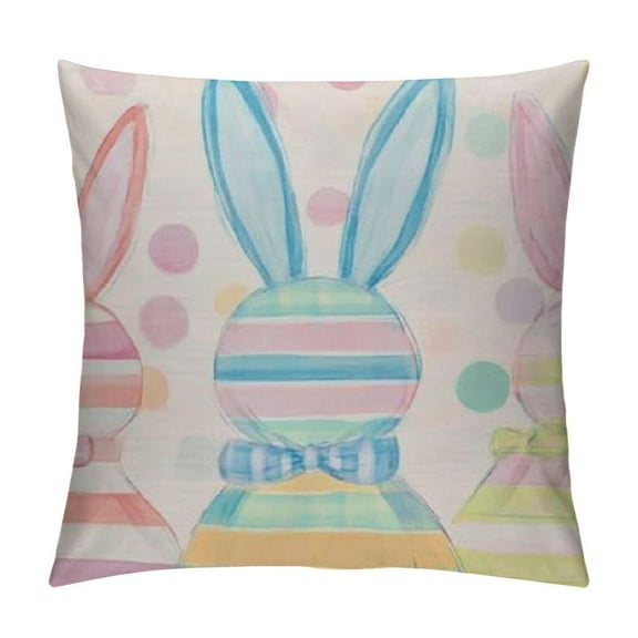 PRATYUS Happy Easter Pillow Covers, Striped Rabbits Decorative Farmhouse Throw Pillowcases for Home Sofa Couch Decoration 12x12in
