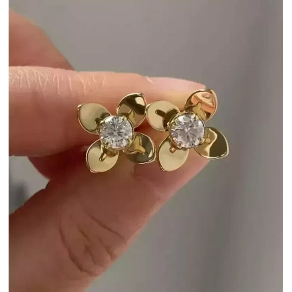 Simulated Diamond 14K Yellow Gold Plated Fancy Flower Stud Earring 1Ct Round Cut